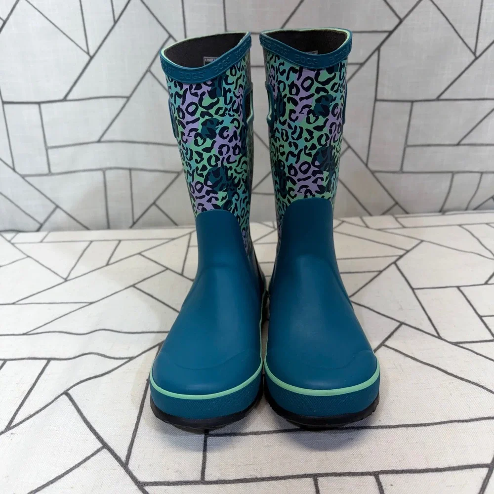 Bogs Rain Boots Size 3 Teal Leopard Print Waterproof Pull On Youth Shoes